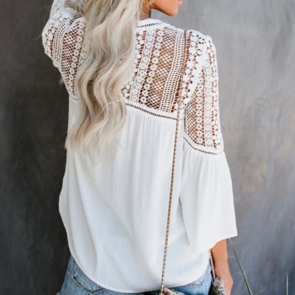 New Boho White Lace Button Front Blouse - Picture 9 of 11
